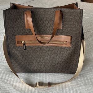 Michael Kors Brown and Tan Logo Shoulder Tote with Gold Hardware
